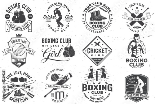 Set of cricket club badges. Vector. Concept for shirt, print, stamp or tee. Templates for cricket sports club.