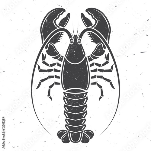 Lobster icon silhouette. Vector illustration. Vintage monochrome lobster on white background. Prawns. For seafood emblem, sign, patch, shirt, menu restaurants, fish markets, stores, label, sticker.