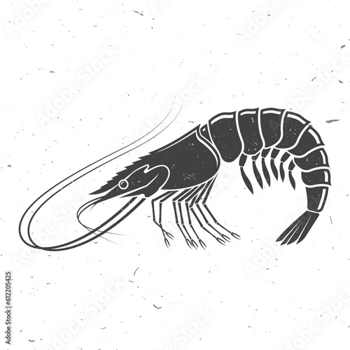 Shrimp icon silhouette. Vector illustration. Vintage monochrome shrimp on white background. Prawns. For seafood emblem, sign, patch, shirt, menu restaurants, fish markets, stores, label, sticker.