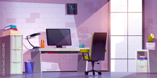 Vector office interior room with modern desk cartoon furniture illustration. Workplace on table with computer, mug, coffee cup and bin near drawers. Light ray from window in cabinet indoor scene