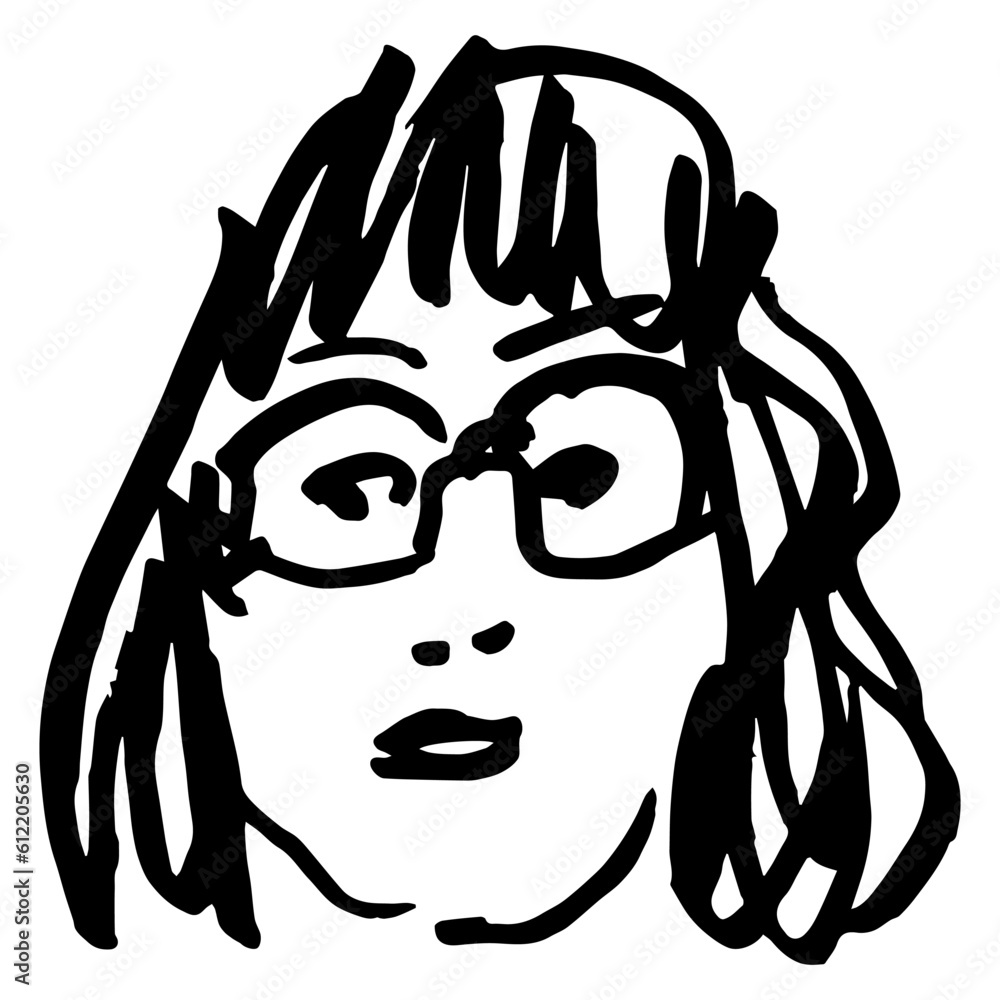 Face of a young woman wearing glasses. Funny female portrait. Hand drawn linear doodle sketch. Black and white silhouette.