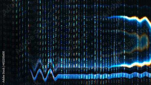 Glitch noise texture. Distortion background. NFT technology. Orange blue color glow artifacts dust scratches on dark black illustration futuristic abstract wallpaper.