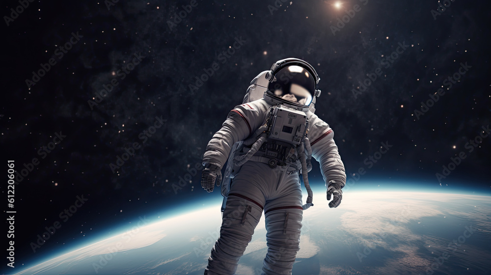 Obraz premium Astronaut in open space on orbit of Earth planet. Shadow of night and lights on planet. Earth and spaceman. Sun light on background. Generative AI