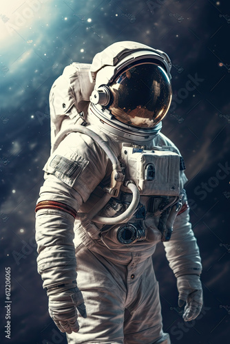 Astronaut in open space on orbit of Earth planet. Shadow of night and lights on planet. Earth and spaceman. Sun light on background. Generative AI