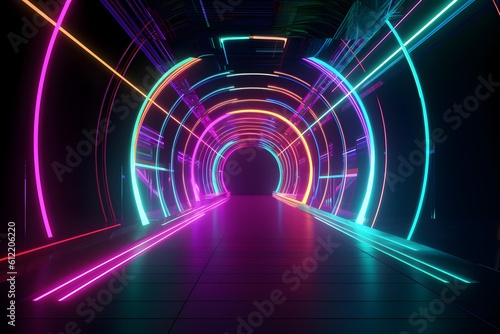 3d render neon tunnel background, Generative AI