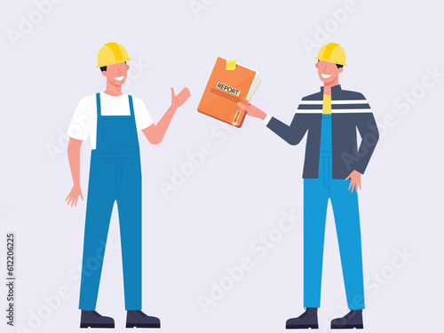 Employee giving report to employer and person giving construction work report to construction worker, handover working and safety report to workers. Handing over working report files for construction