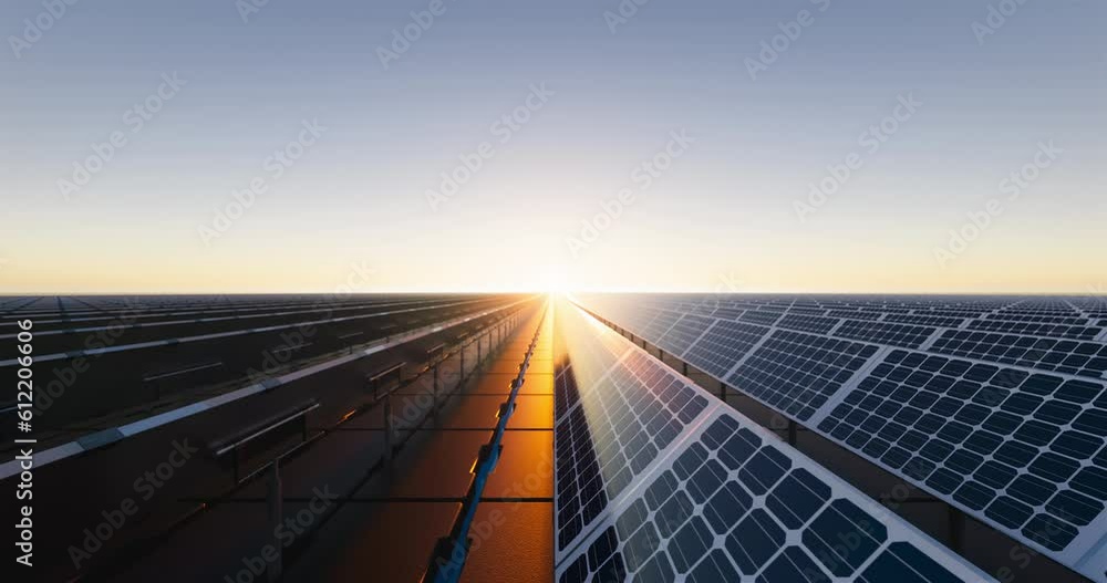 3d rendering looping video of floating solar or floating photovoltaics. May called floatovoltaics, solar farm, power station or solar power plant. Row panel and pontoon on water. Clean green energy.