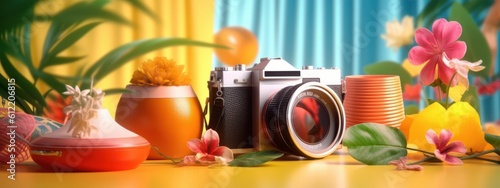 Camera with Various Fruits Background, Summer Festive Time Concept. Generative Ai