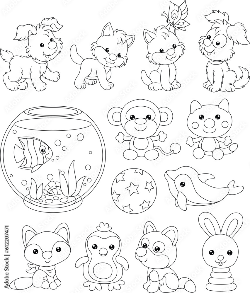 Toy baby animal characters Kawaii with cute little kittens, puppies, aquarium fish, dolphin, monkey, fox, penguin, wolf and rabbit, set of black and white vector illustrations