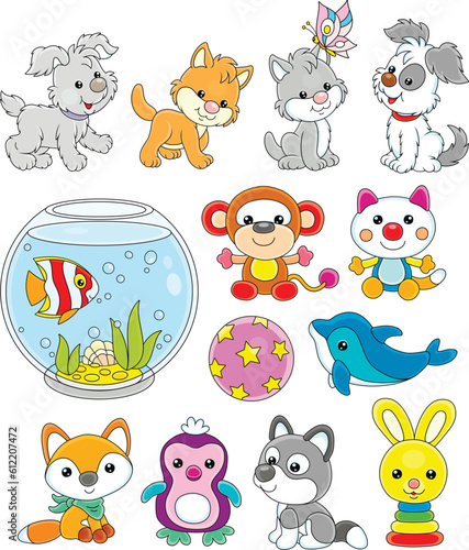 Toy baby animal characters Kawaii with cute little kittens, puppies, aquarium fish, dolphin, monkey, fox, penguin, wolf and rabbit, set of vector cartoon illustrations on white