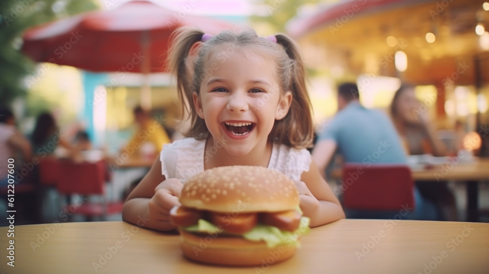 Cute happy girl 7 years old with a burger, blur cafe background. Cute happy girl 7 years old with a burger, blur cafe background.