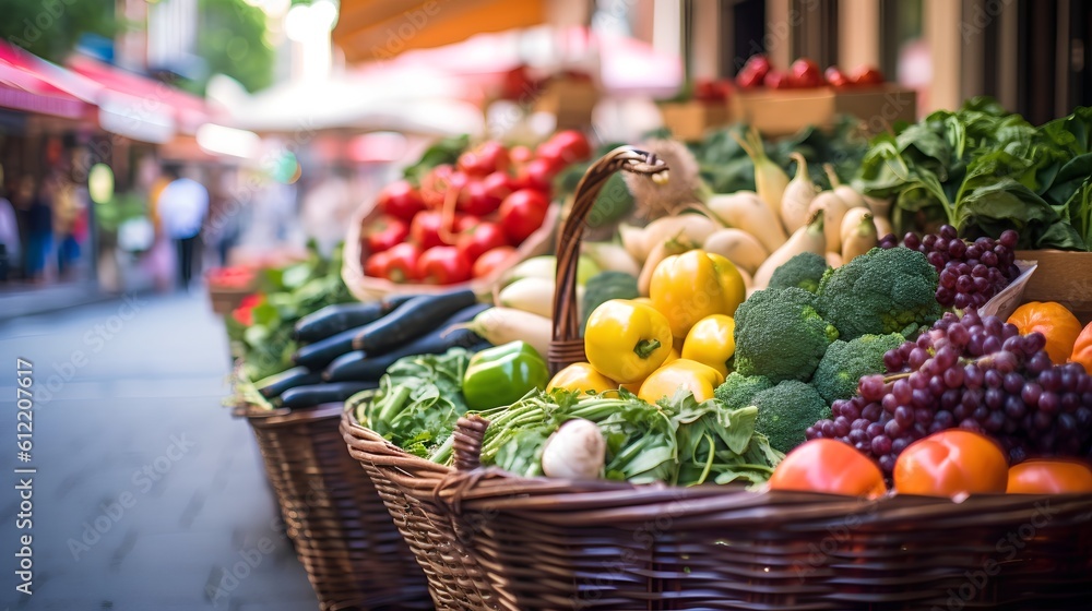 Farmers market, featuring a shopping basket filled with a vibrant assortment of organic, locally sourced fruits and vegetables. Sustainable agriculture and conscious consumer choices. Generative AI
