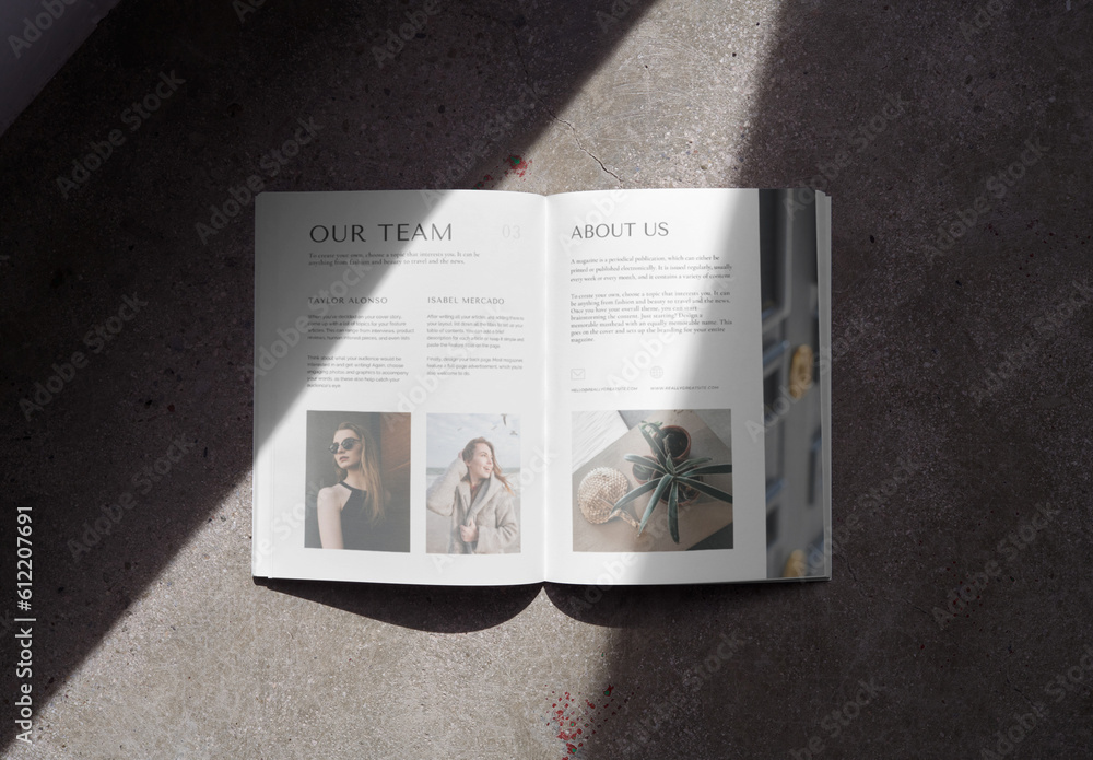 Mockup of open A4 magazine with customizable content against ...