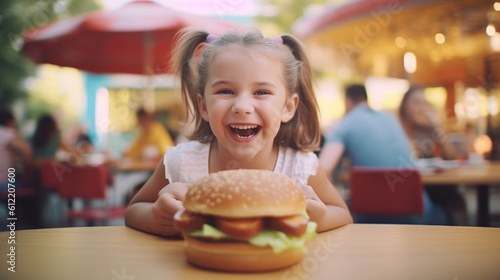 Cute happy girl 7 years old with a burger  blur cafe background.
