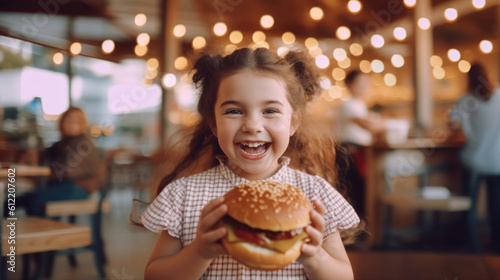 Cute happy girl 7 years old with a burger, blur cafe background.