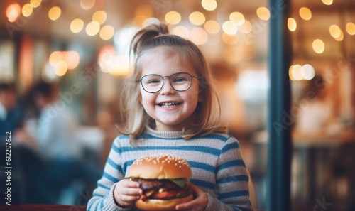 Cute happy girl 7 years old with a burger  blur cafe background.