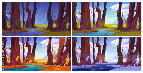 Four season set of mountain river flowing in forest. Vector cartoon illustration of rainy spring, green summer, yellow autumn, snowy winter landscape wit trees, clouds in blue sky, beautiful nature