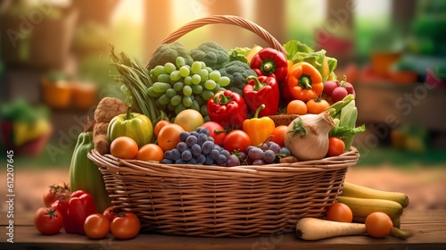 Farmers market  featuring a shopping basket filled with a vibrant assortment of organic  locally sourced fruits and vegetables. Sustainable agriculture and conscious consumer choices. Generative AI