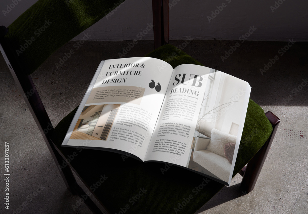 Mockup of open A4 magazine with customizable content on chair Stock ...