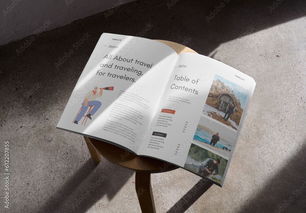 Mockup of open A4 magazine with customizable content on small table ...