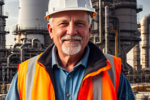 Digital portrait of a senior confident male factory worker standing in oil refinery plant. Concept of active age. Generative AI © mikhailberkut