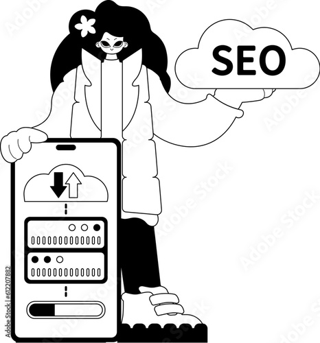 daughter and waiter . cloud storehouse and SEO submit . bootleg and washcloth occupation artwork. Trendy style, Vector Illustration