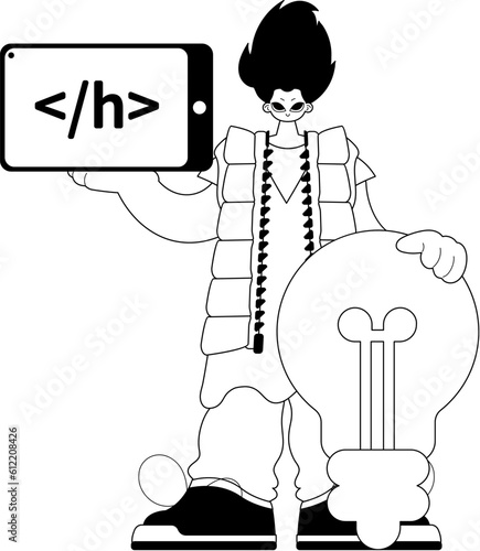 Man with big luminosity up abstemious medulla oblongata and window with course of discipline picture . black and White eminence artwork. Trendy style, Vector Illustration