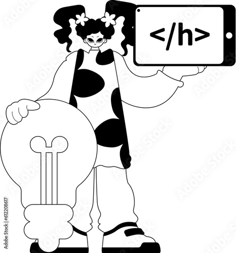 girlfriend with large light medulla oblongata and window with program visualize . blacken and White line art. Trendy style, Vector Illustration