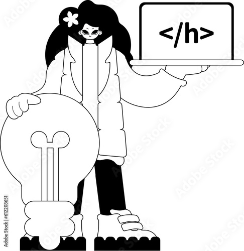 girlfriend with large light medulla oblongata oblongata and window with program visualize . char and white pipeline artwork. Trendy style, Vector Illustration