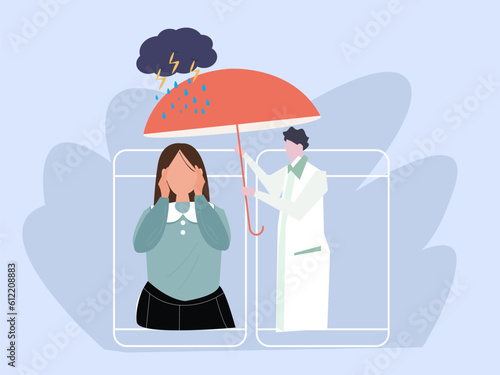  psychotherapist comforting her sad over the phone. Omen with psychological problems. Online therapy and counseling for people under stress and depression over online services. Vector illustration.