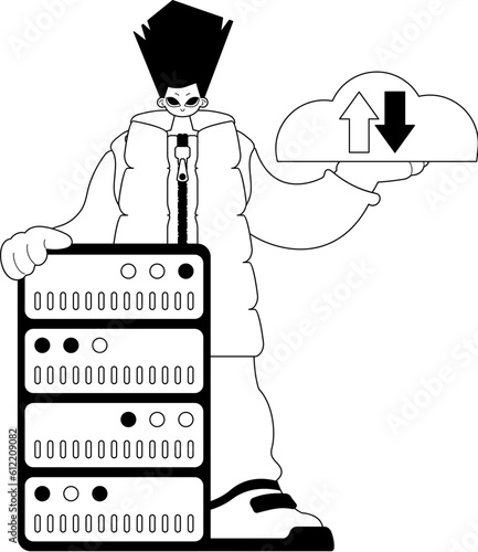 man and server . obscure repositing composition . black and white transmit art. Trendy style, Vector Illustration