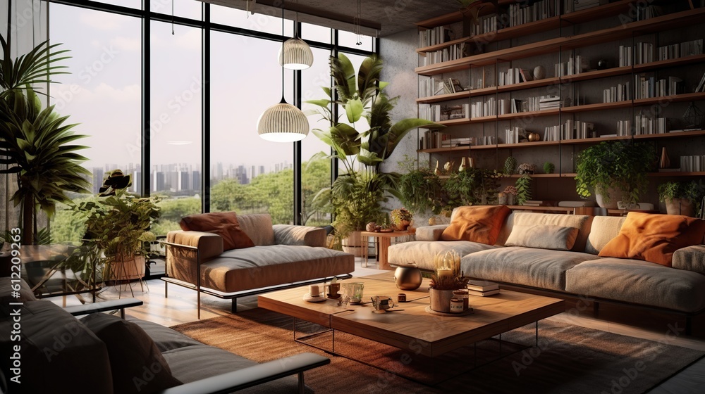 3d rendering living room modern minimalist look design Generative AI