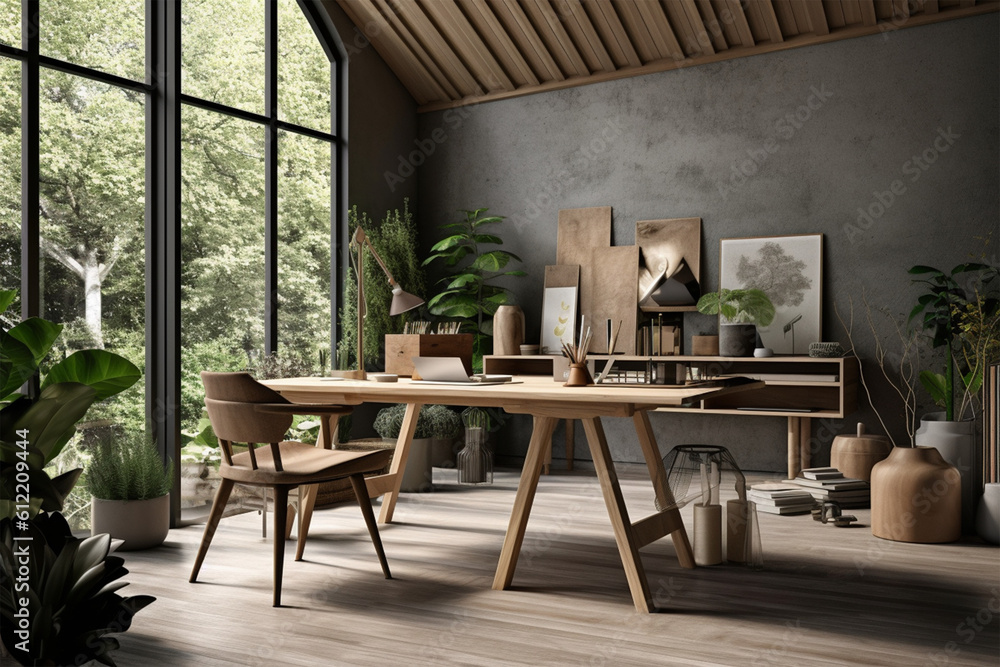 Obraz premium an office with wood desks and glass walls, in the style of high detailed, grey academia, wood, photo-realistic landscapes, vintage minimalism, light silver and light brown
