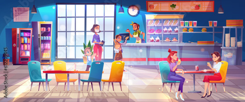 School canteen for kid student eat meal vector cartoon illustration. College kitchen room with child in queue and staff. Cafe interior design for pupil with table and chair to sit with friend