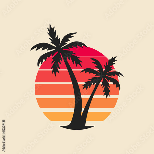 summer beach, palm tree, retro, silhouettt logo vector illustration photo