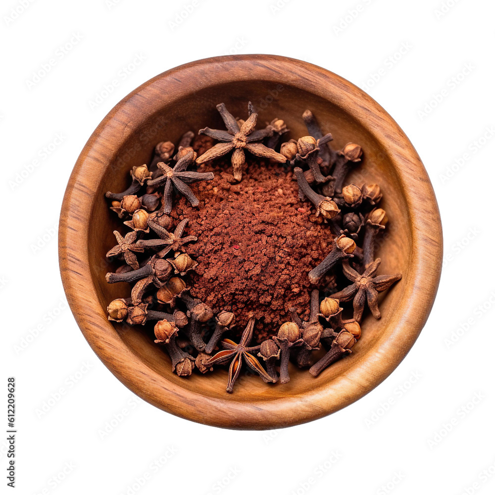 Top view of Cloves spice in an earthen pot isolated on white background, Generative ai Top view of Cloves spice in an earthen pot isolated on white background, Generative ai