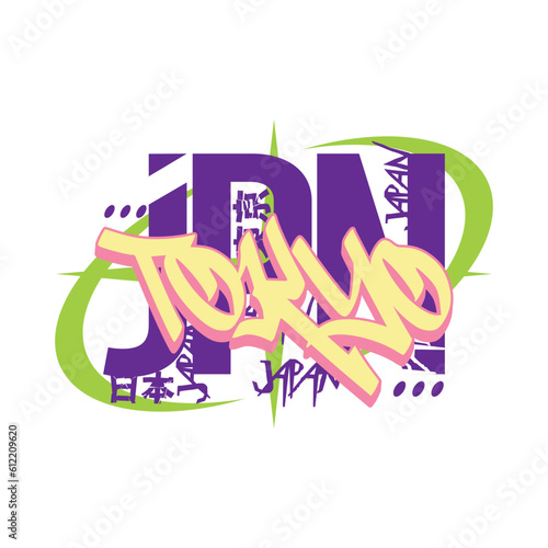 Tokyo Japan text slogan streetwear with urban graffiti style street art vector logo icon illustration design for fashion graphic tshirt and poster print. Kanji mean Tokyo and Japan