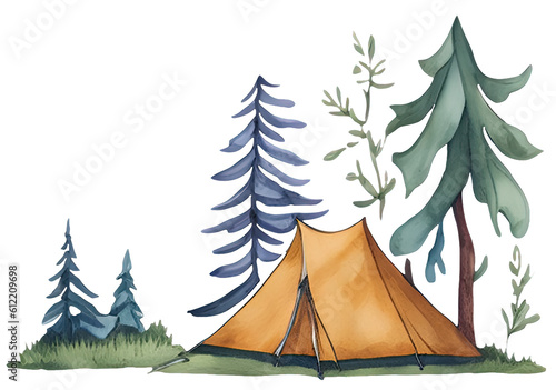 Watercolor camping tent. AI Generative