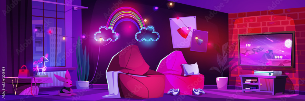 Pink gamer room for girl at night cartoon vector illustration. Girly video game lounge studio interior with furniture and neon light. Purple online streamer house with tv, console and poster. Pink gamer room for girl at night cartoon vector illustration. Girly video game lounge studio interior with furniture and neon light. Purple online streamer house with tv, console and poster.