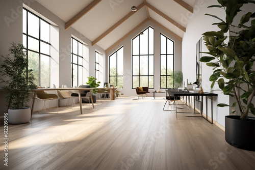 an office with wood desks and glass walls  in the style of high detailed  grey academia  wood  photo-realistic landscapes  vintage minimalism  light silver and light brown