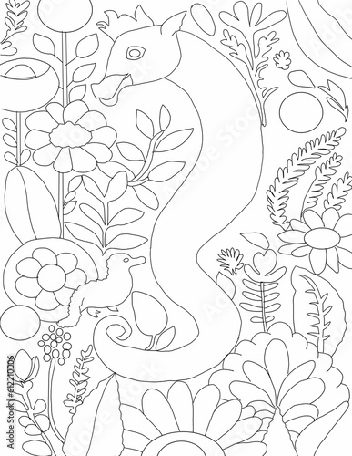 Seahorse out line with floral background for adult coloring book interior  