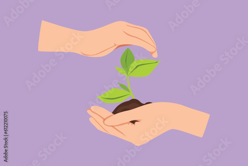 Character flat drawing new life in young hands on white background. Female hand holding tree on nature field grass. Forest conservation concept, logo, icon, symbol. Cartoon design vector illustration