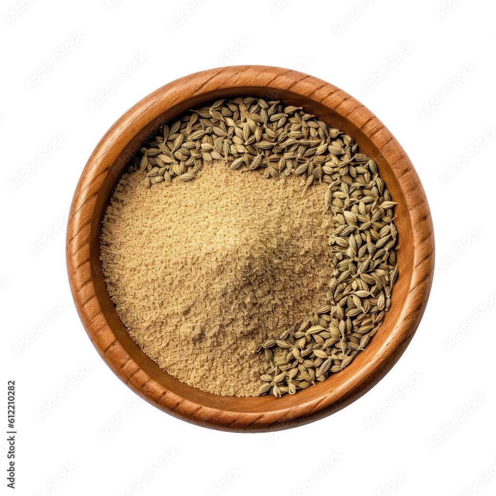 Top view of Ajwain spice in an earthen pot isolated on white background, Generative ai Top view of Ajwain spice in an earthen pot isolated on white background, Generative ai