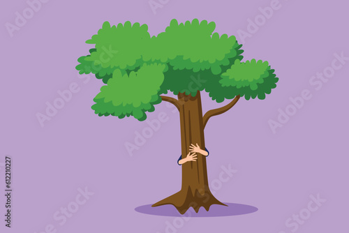 Cartoon flat style drawing man hugging tree in park logo, icon, label. Symbol of loving plants and the environment. Agriculture, nature. Earth day, ecology concept. Graphic design vector illustration