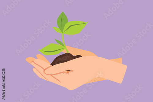 Character flat drawing environment earth day in the hands of trees growing seedlings. Side view of hand holding tree on nature field grass forest conservation logo. Cartoon design vector illustration