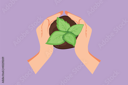 Cartoon flat style drawing top view two hands carrying bag of potting seedlings to be planted into soil. Environment earth day in hands of trees growing seedlings. Graphic design vector illustration