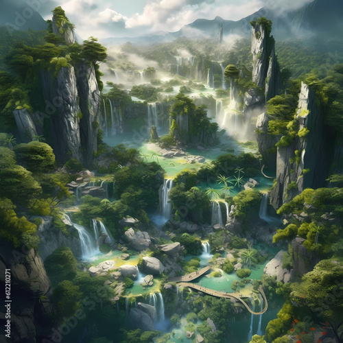 Rain Forest Water Fall  Aerial View. Generative AI © Kreatifquotes