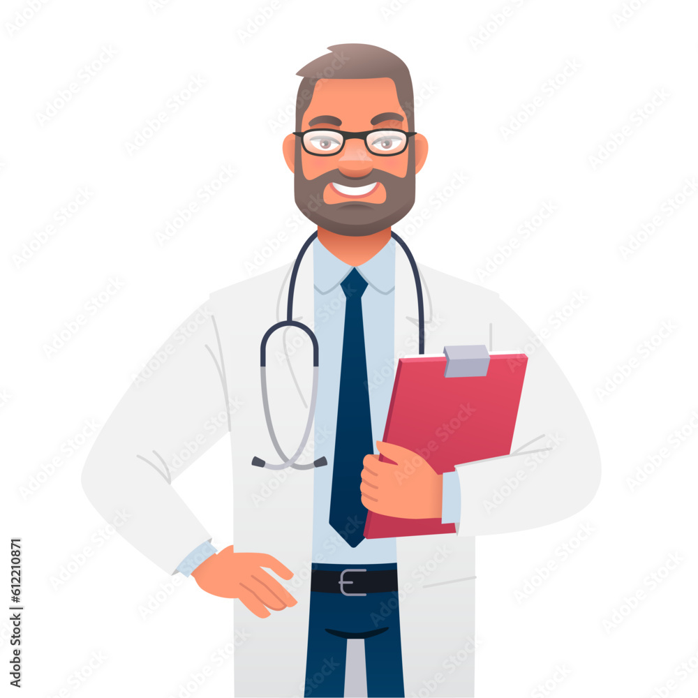 Doctor with glasses and a white coat with a stethoscope holds documents. The smiling head physician is a therapist. A successful confident bearded man.