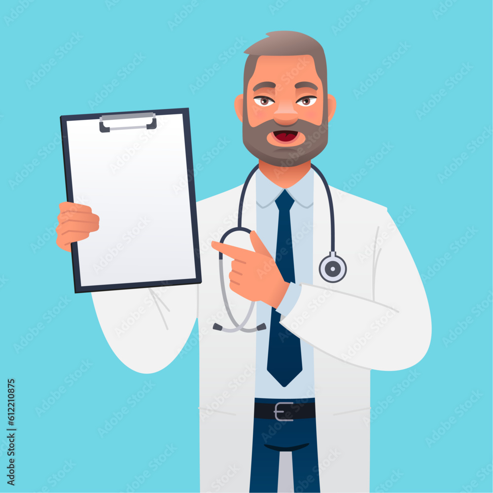 Doctor in a white coat with a stethoscope points to the documents in his hand. The smiling head physician is a therapist. Doctor in a white coat with a stethoscope points to the documents in his hand. The smiling head physician is a therapist.