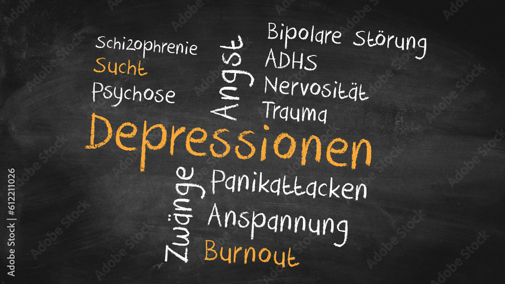 Eine große Schultafel zum Thema psychische Erkrankungen wie Depressionen, Angst, ADHS, bipolare